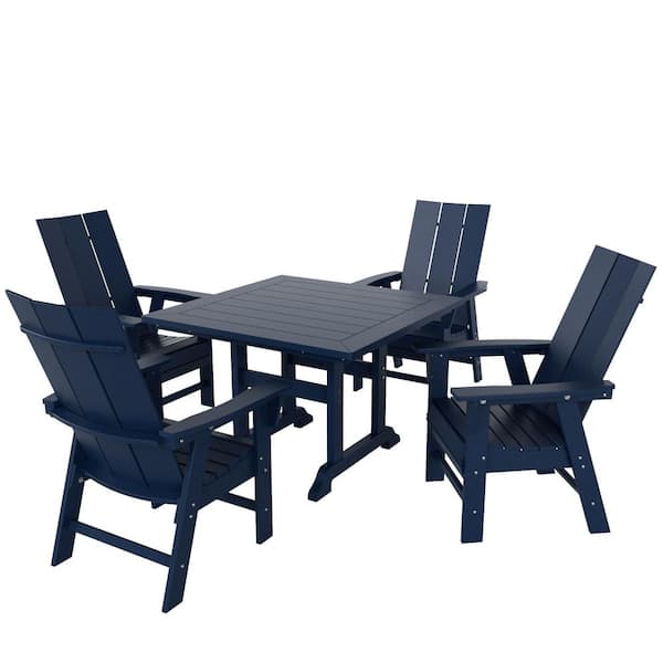 WESTIN OUTDOOR Shoreside Outdoor Patio Weather Resistant Adirondack Navy Blue 5-Piece HDPE Plastic Square Table Dining Set