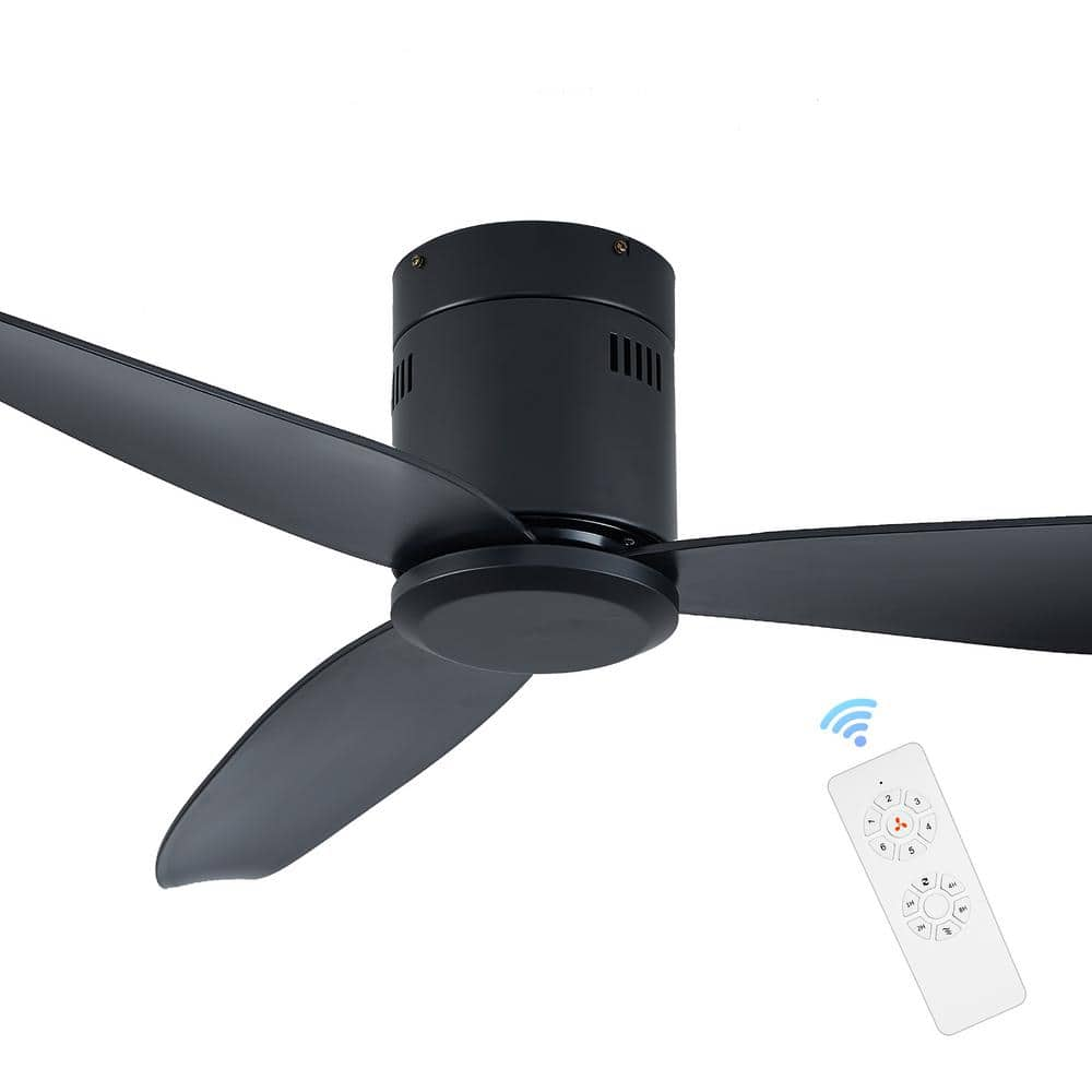 52 In 3 Speeds Flush Mount Ceiling Fans Without Lights Black Modern Fan With Remote Control