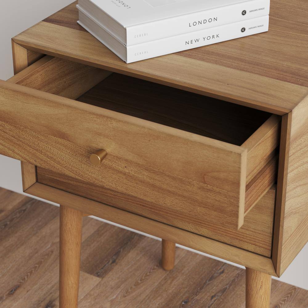 Harper Mid-Century Oak Wood Nightstand with Vintage Brass Hardware