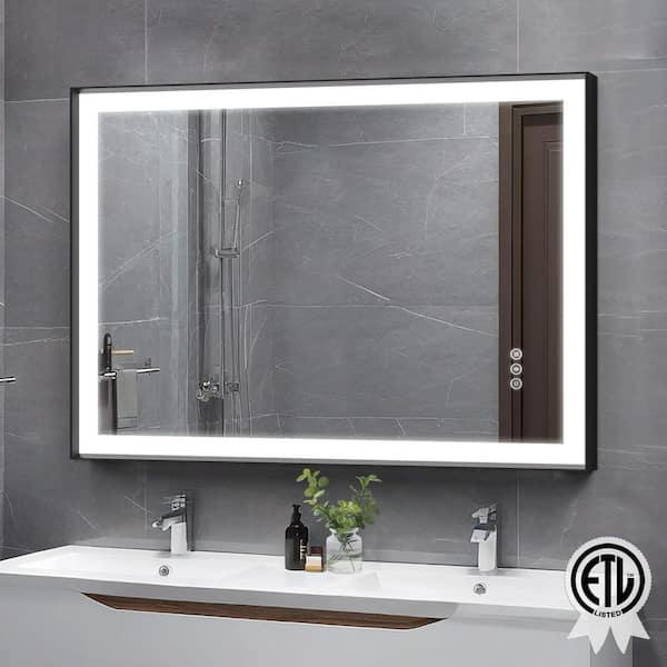 48 in.W x 32 in.H Rectangular Black Aluminum Framed Anti Fog LED Lighted Modern Wall Bathroom Vanity Mirror in Tempered