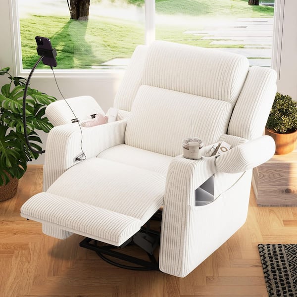 Beige Corduroy Power Recliner Chair with Heat and Massage, 270° Swivel Rocker, USB Ports, Phone Holder and Cup Holder