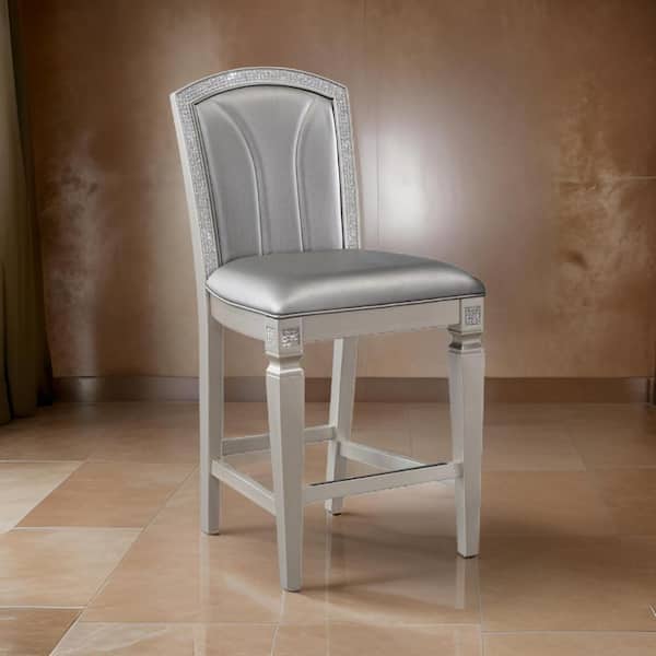 Benjara 26 in. Taupe and Silver High Back Wood Frame Bar Stool with Faux Leather Seat (Set of 2)
