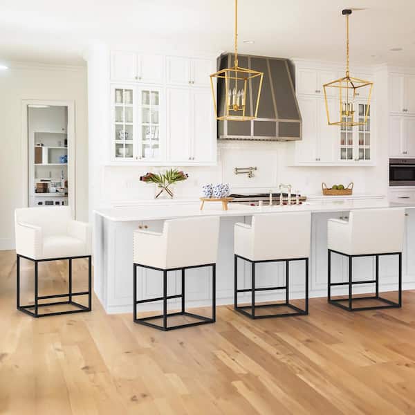 Luna 26 in. Beige Fabric Upholstered Counter Bar Stool with Black Metal Frame Square Counter Stool Set of 4