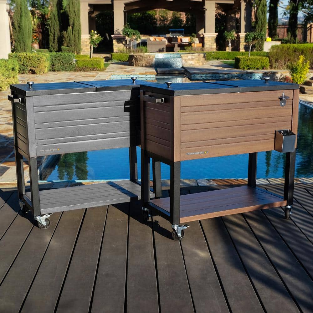 Permasteel 80-Quart Brown Woodgrain Rolling Patio Cooler with Insulated Basin