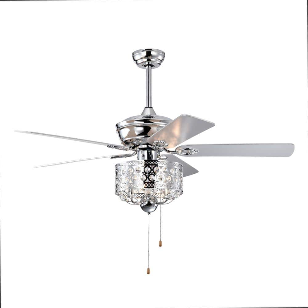  52 in. Indoor Down rod Mount Crystal Chrome Ceiling Fan with Light Kit and Pull chain