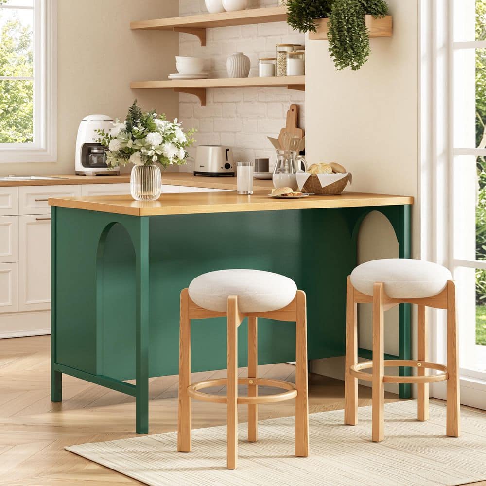 Seradon Farmhouse Green and Natural Solid Wood 55.91 in. Kitchen Island with Open Storage, Arch Details