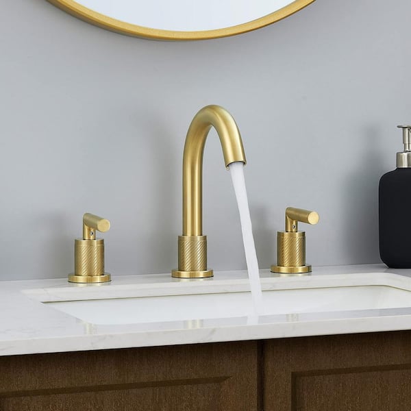 Brushed Brass Bathroom Faucet 3 Hole with Pop Up Drain (with Over Flow) and  Supply Hose, Stainless Steel 8 in Widespread Gold Bathroom Sink Faucet