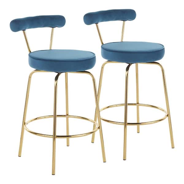 Lumisource Rhonda 26 in. Blue Velvet and Gold Metal Glam Counter Stool (Set of 2)