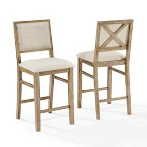 Joanna 26 in. Rustic Brown Wooden Counter Stool with Linen Seat (Set of 2)