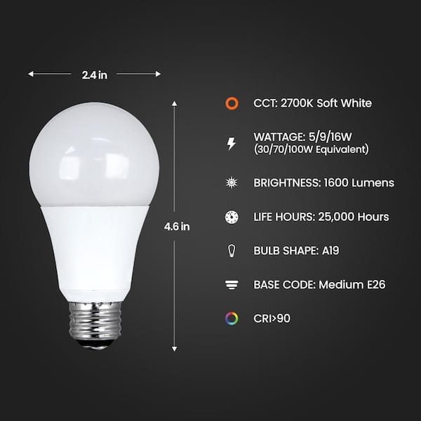 30/70/100-Watt Equivalent A19 CEC Title 20 3-Way 90+ CRI E26 Medium Base LED Light Bulb, Soft White 2700K (4-Pack)