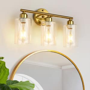 16.93 in. 3-Light Gold Bathroom Vanity Light with Glass Shade for Bathroom Mirror and Vanities