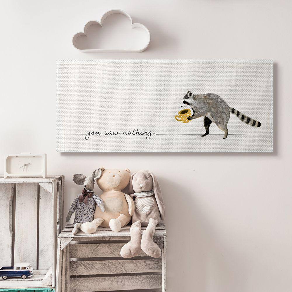 Humorous Raccoon with Coffee Abstract Canvas Wall Art, 17" x 40"