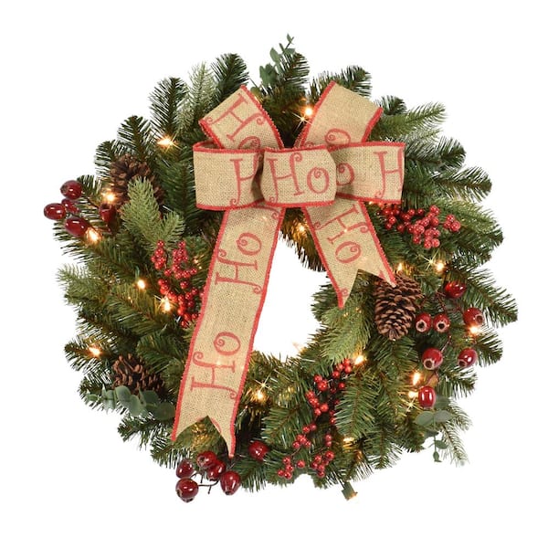 Puleo International 24 in. Pre-Lit Incandescent Artificial Christmas Wreath with 100 Tips and 35 Ul Clear Lights