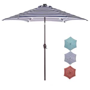 8.7 ft. Outdoor Market Table Umbrella with Push Button Tilt, Crank and 24 LED Lights in Blue White Stripes