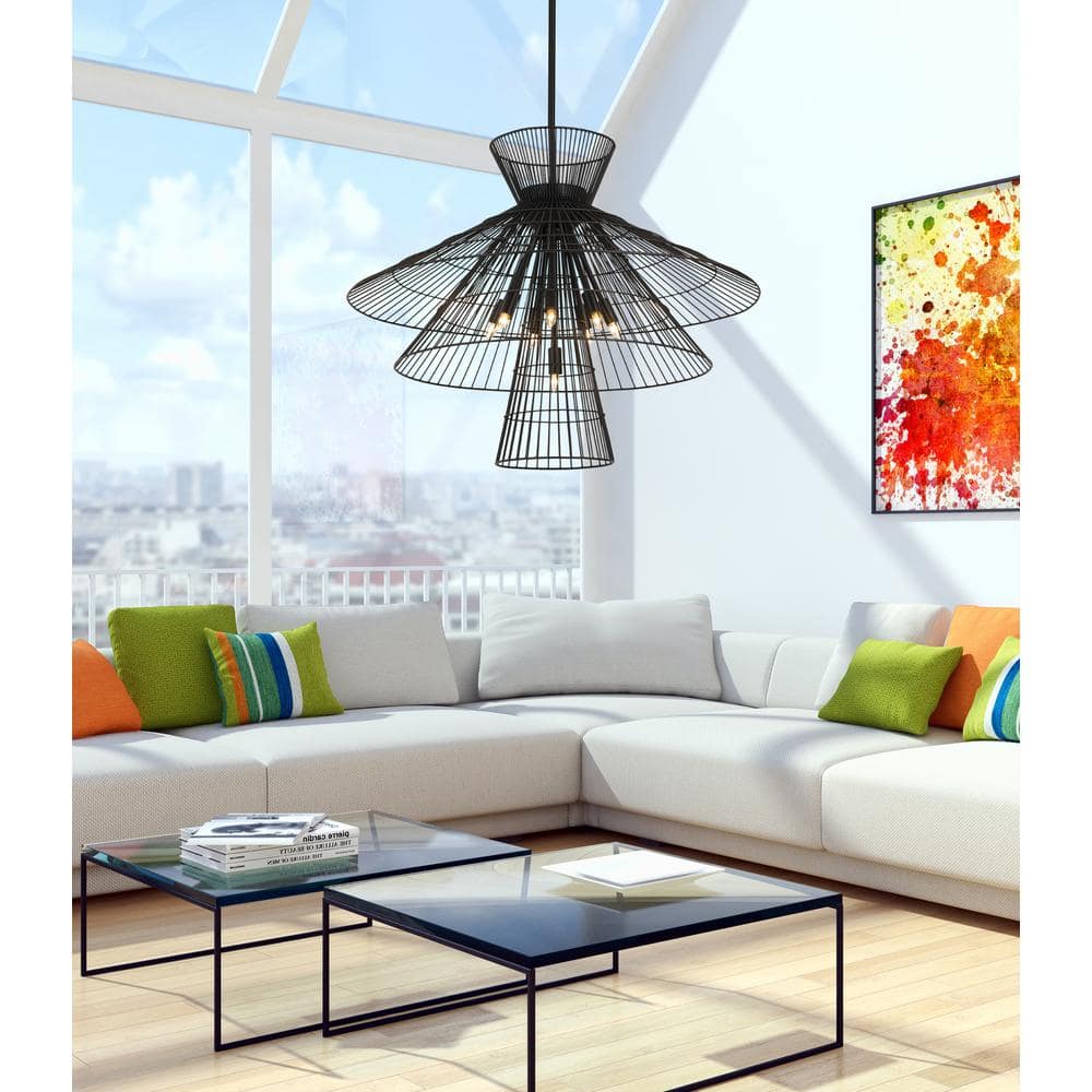 Matte Black 8-Light Industrial Cage Chandelier