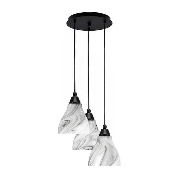 Unbranded Savannah 9.75 in. 3-Light Matte Black Cord Pendant Light Onyx Swirl Glass Shade