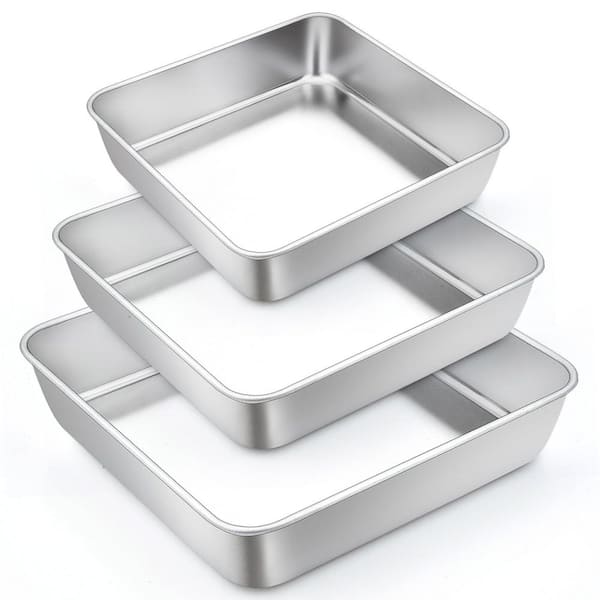 Square 3-Cup Stainless Steel Cake Pan Set Non-Toxic Heavy Duty Deep Wall Smooth Dishwasher Safe 3-Piece