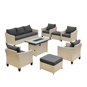 Oconee Beige 8-Piece Wicker Outdoor Rectangular Fire Pit Patio Conversation Sofa Seating Set with Black Cushions