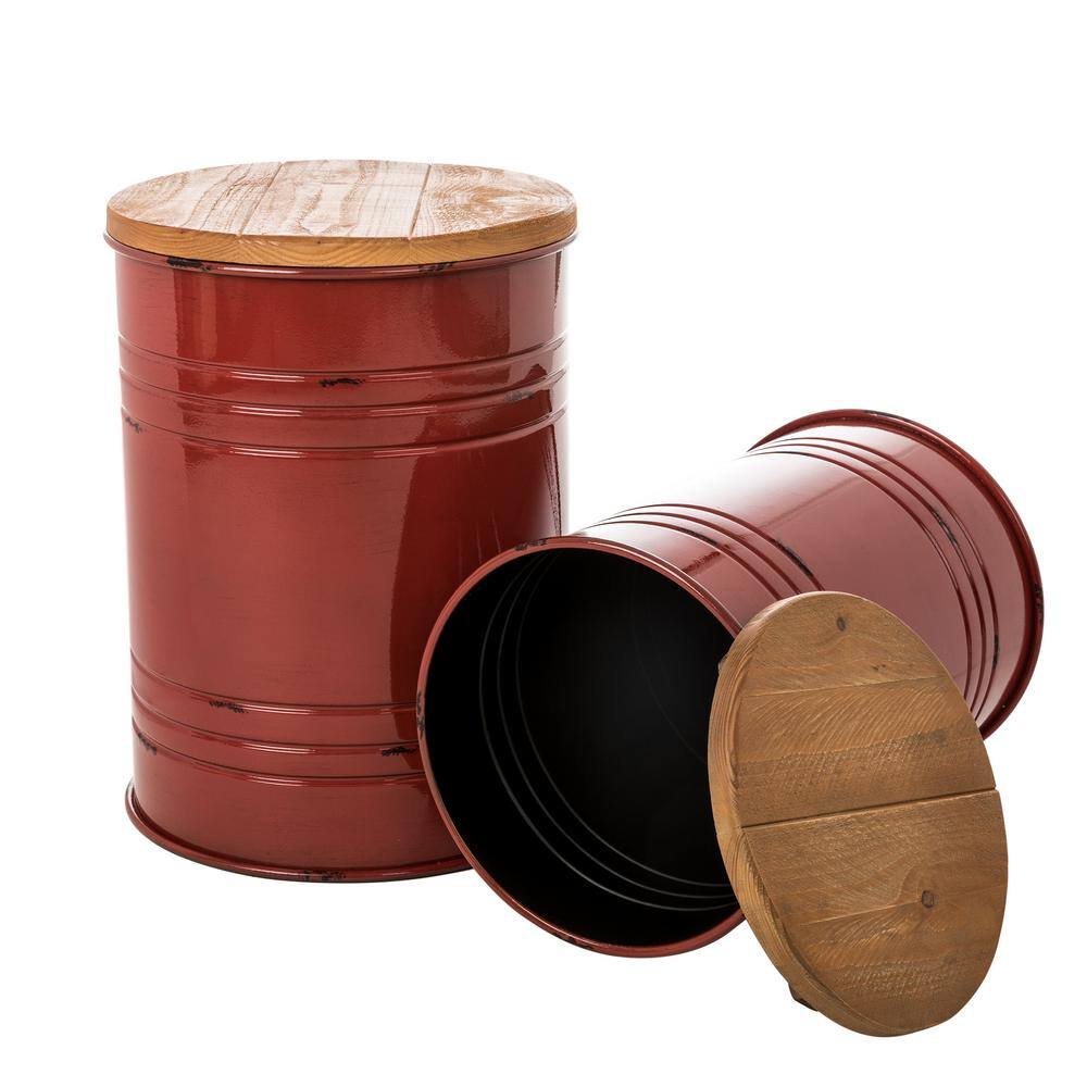 Rustic Red Iron & Pine Wood Storage Accent Table/Stool Set