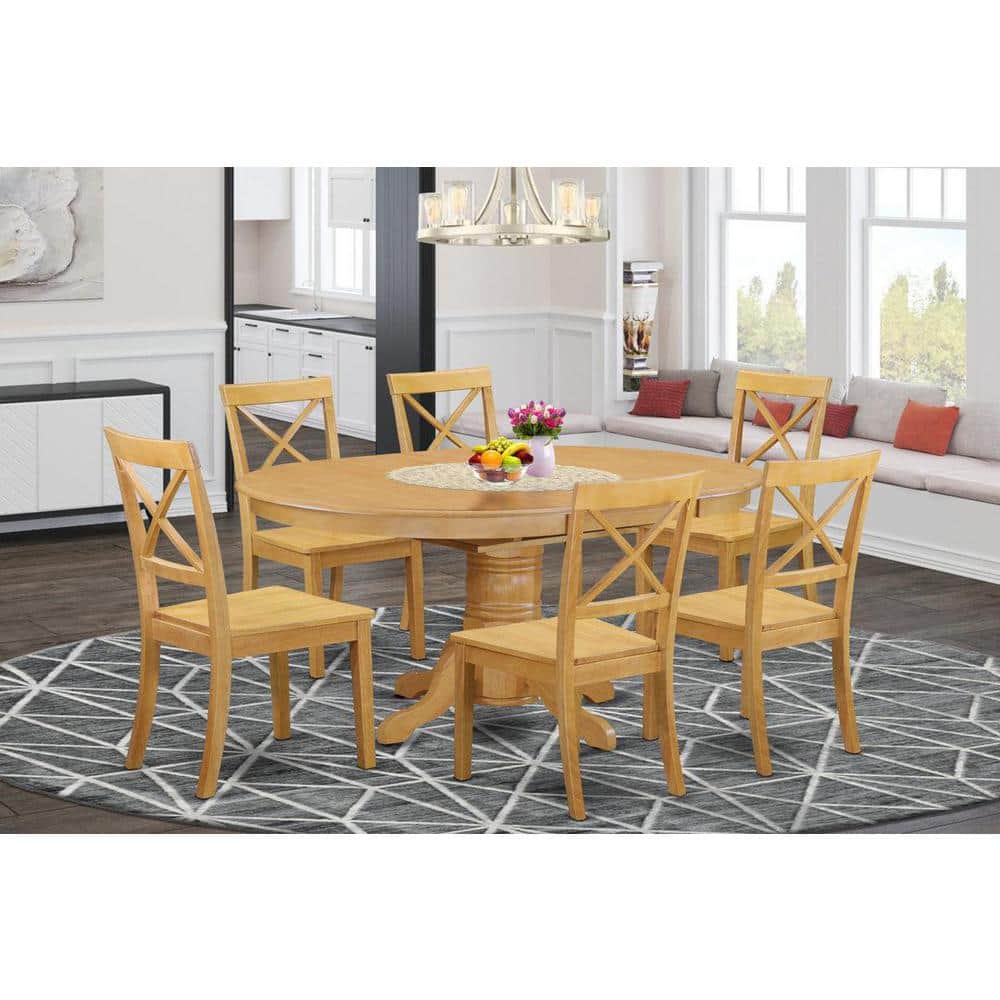 Oak Finish Round Dining Table Set with 6 Chairs