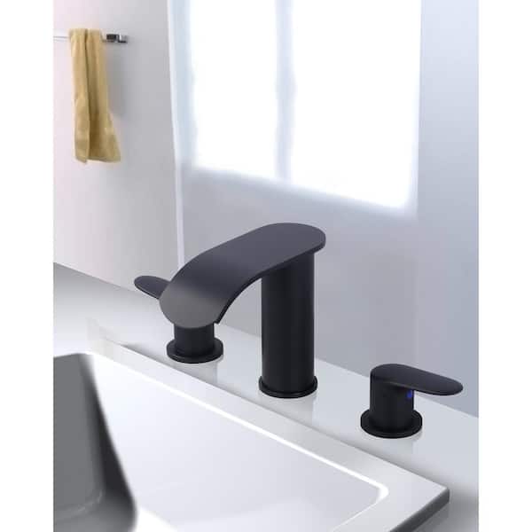 8 in. Widespread Modern Double Handle Waterfall Bathroom Faucet with Pop-up Drain and Supply Hoses in Matte Black