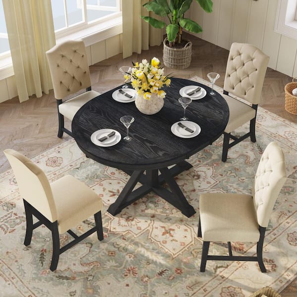 Harper & Bright Designs Retro Style 5-piece Espresso Wooden Dining Table Set with Extendable Table and 4 Upholstered Chairs
