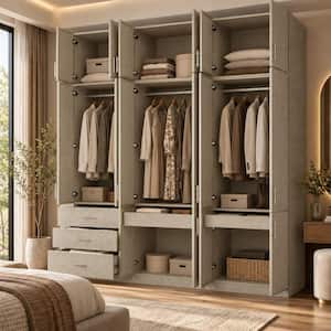 Beige-G Wood 94.5 in. Armoire with 3-Drawer, Hanging Rods, Shelves, Top Cabinets, Linen Finish for Bedroom Storage
