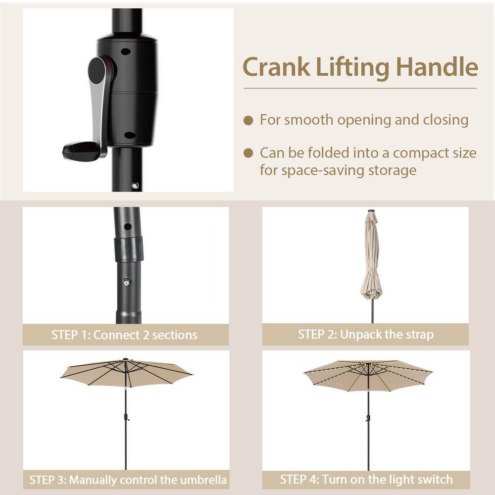 10ft Beige Solar LED Lighted Patio Umbrella with Crank Tilt