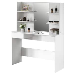 White Modern Wooden Dressing Table with Drawer Mirror and Shelves for The Dining Room Entryway and Bedroom