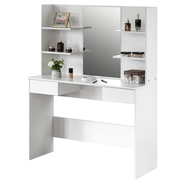 Basicwise White Modern Wooden Dressing Table with Drawer Mirror and Shelves for The Dining Room Entryway and Bedroom