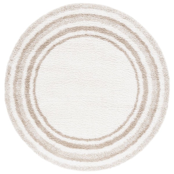 SAFAVIEH Border and Stripe Shag 7 ft. x 7 ft. Ivory/Beige Concentric Border Round Area Rug