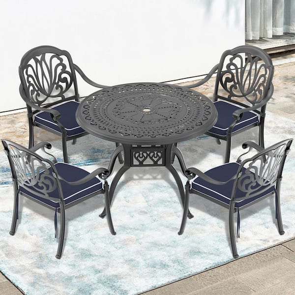 Willit Elizabeth Black 5-Piece Cast Aluminum Outdoor Dining Set with 39.37 in. Round Table and Random Color Seat Cushions