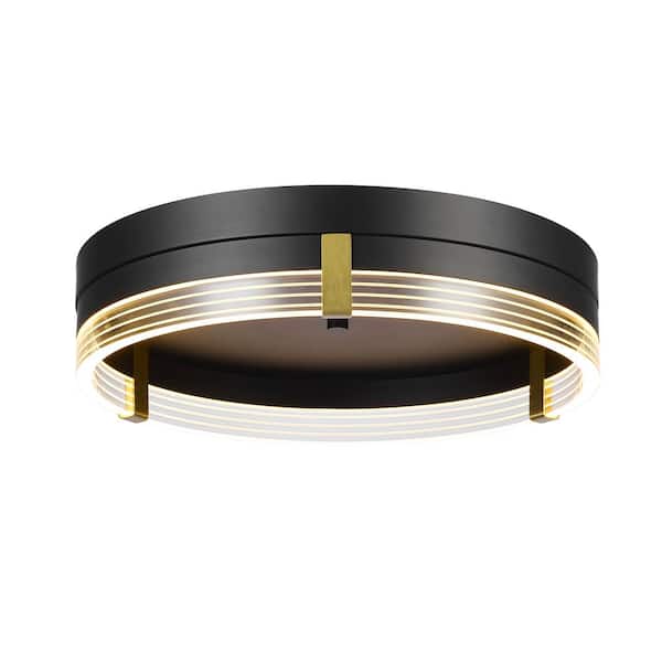Globe Electric Barlow 15.88 in. LED Integrated Matte Black Flush Mount Ceiling Light, Etched Acrylic Edge Lit Shade, MatteBrass Accents