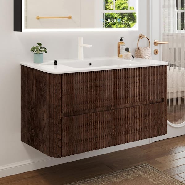 36 in. W Floating Bathroom Vanity in Brown Walnut with White Ceramic Top