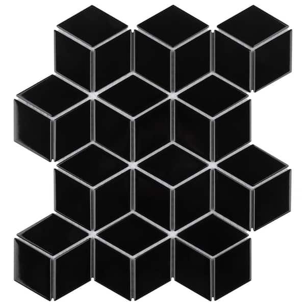 Merola Tile Metro Rhombus Glossy Black 10-1/2 in. x 12-1/8 in. Porcelain Mosaic Tile (9.0 sq. ft./Case)