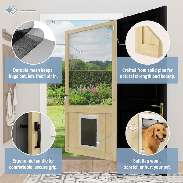 36 in. x 80 in. Universal Unfinished Pine Gauze Mesh Screen Door with Pet Access and Lock-Hinged Rustic Style