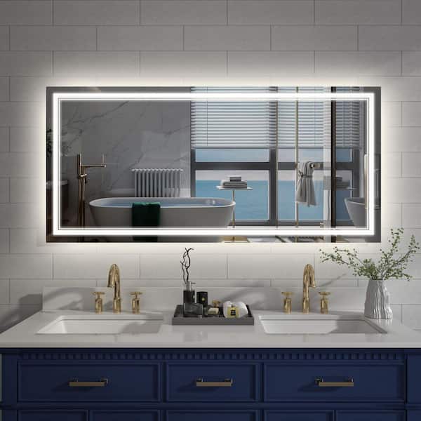 60 in. W x 28 in. H Rectangular Frameless Crystal Clear Wall-Mounted LED Bathroom Vanity Mirror in White
