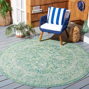 Courtyard Green/Ivory 7 ft. x 7 ft. Round Border Floral Scroll Indoor/Outdoor Area Rug