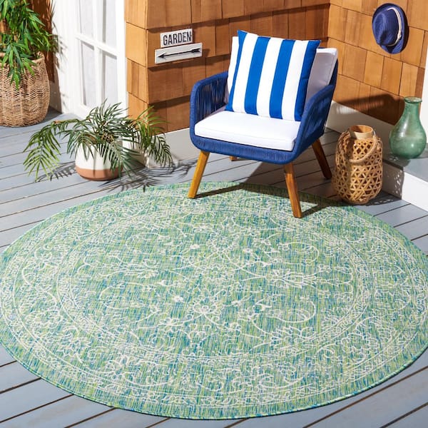 Courtyard Green/Ivory 7 ft. x 7 ft. Round Border Floral Scroll Indoor/Outdoor Area Rug