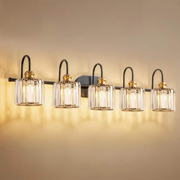 Katherine 37.4 in. 5-Light Modern Black with Gold Bathroom Vanity Light with Round Crystal Shades