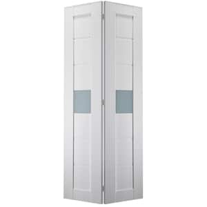 Edna 36 in. x 79.375 in. Frosted Glass Solid Composite Core 1-Lite Bianco Noble Finished Wood Bifold Door with Hardware