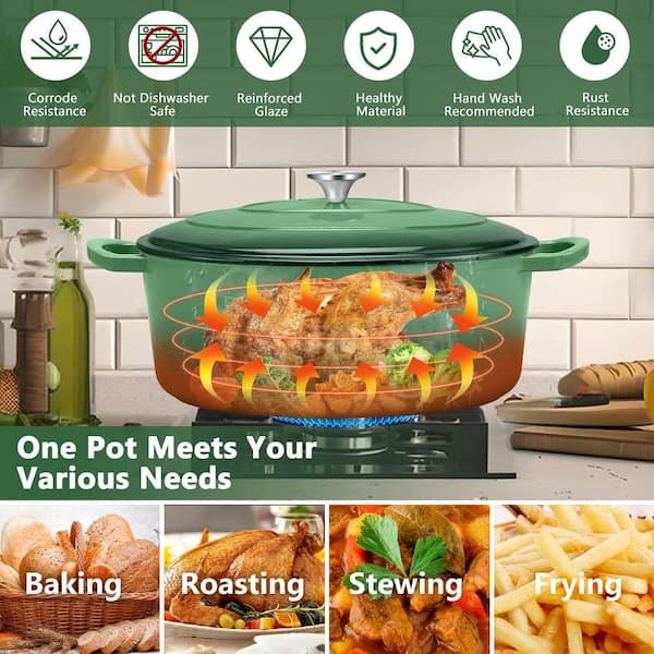 UUDULY 7 qt. Oval Enameled Cast Iron Dutch Oven in Basil Green