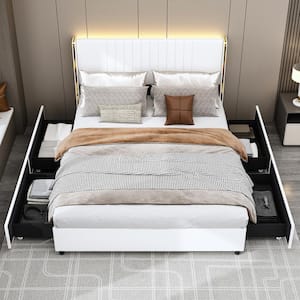 White Wood Frame Queen Size Bed Platform Bed Panel Bed With 4-Drawers, Color-Changing LED Lights, Bluetooth