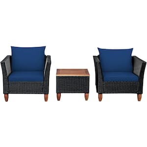 3-Pieces Wicker Patio Conversation Set Outdoor Rattan Furniture Set Wooden Table Top with Navy Cushions