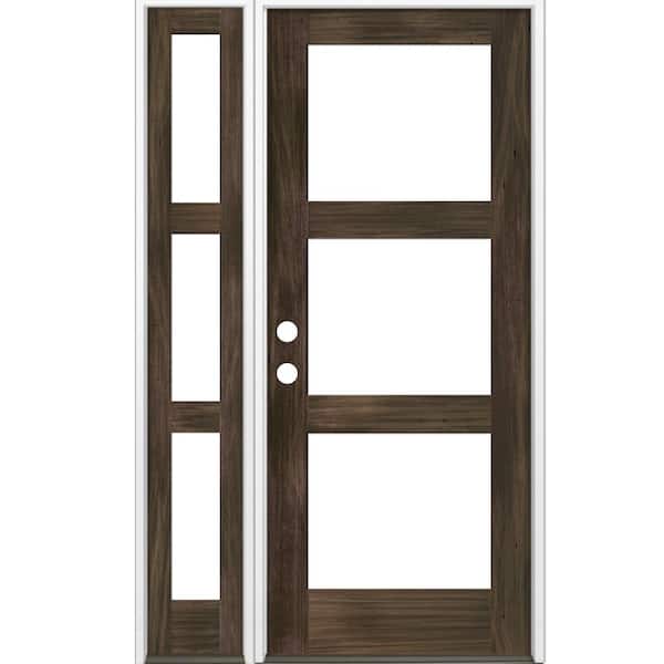 Krosswood Doors 50 in. x 96 in. Modern Hemlock Right-Hand/Inswing 3-Lite Clear Glass Black Stain Wood Prehung Front Door w/Left Sidelite