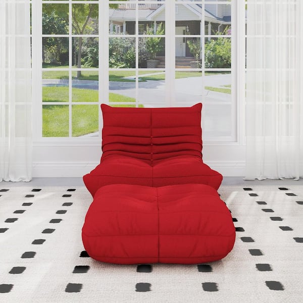 Magic Home Comfy Lazy Floor Sofa 34.25 in. 1-Seat Chair Teddy Velvet Bean Bag Armless Foam-Filled Thick Couch with Ottoman, Red