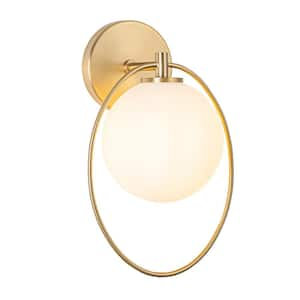 Kai 7.87 in. 1-Light Brass Ring Opal Glass Globe Wall Sconce