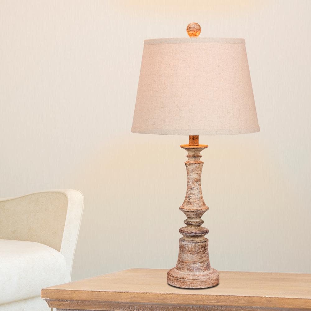 Set of 2 Antique Beige Candlestick Resin Table Lamps with Oatmeal Shades