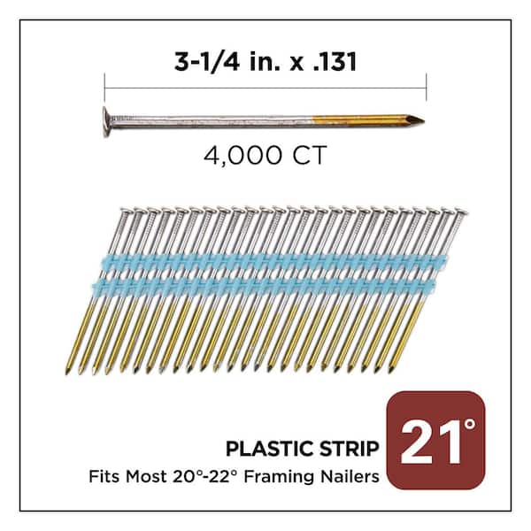 3-1/4 in. x 0.131-Gauge 21° Bright Finish Smooth Shank Plastic Strip Framing Nails (4000 per Box)