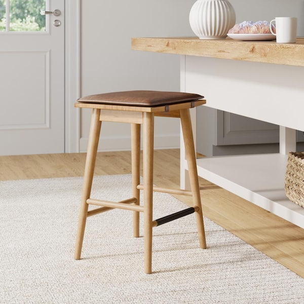 Nathan James Barker In Chestnut Wood Backless Counter Height Bar Stool With Brown Leather